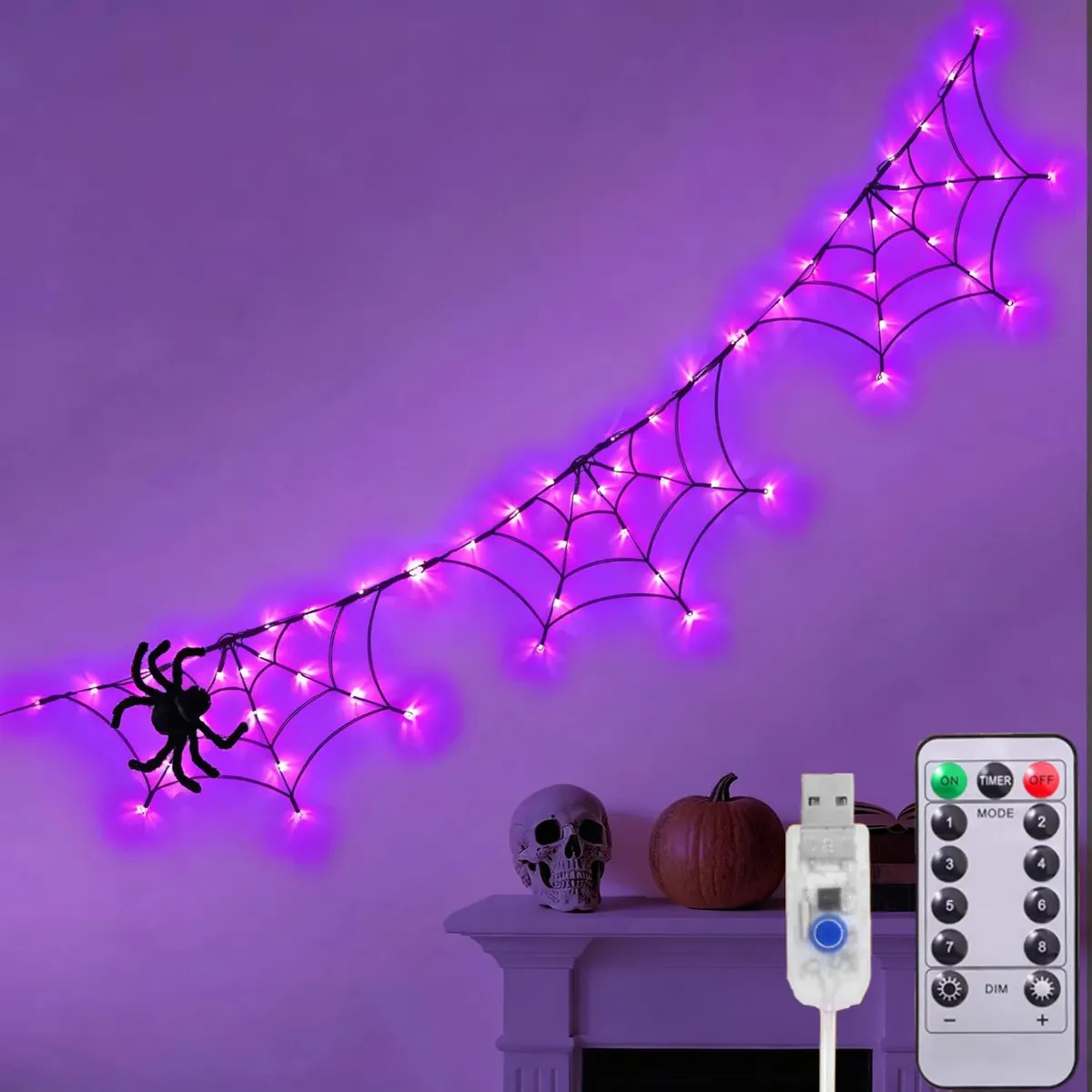 1.8m Halloween Guirnalda De Luces 60 LED de 3 Telaraña Moradas, Telaraña con Araña de Peluche Negra, Control Remoto Inalámbrico con 8 Modos de USB