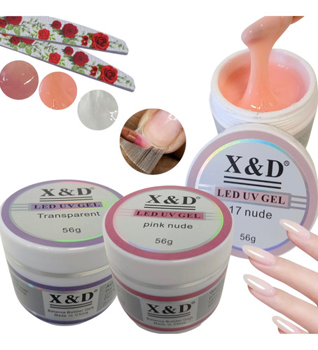 Kit 3 Gel X&d Uv Led 56g Pink Nude, Transparente Unhas Fibra