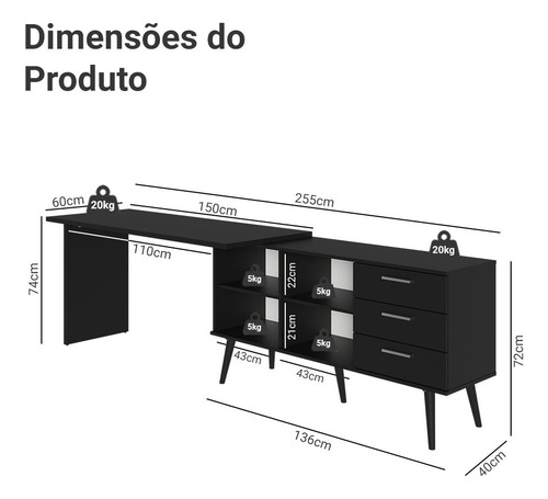 Mesa Computador Gamer Em L 3 Gavetas Preto Lisboa Madesa