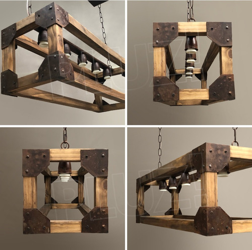 Colgante Industrial Nórdico 3 L Madera Chapa Remaches Óxido