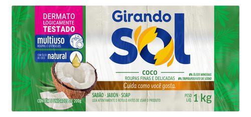 Sabão em pão Girando Sol Multiuso coco  1 kg  pacote x 5