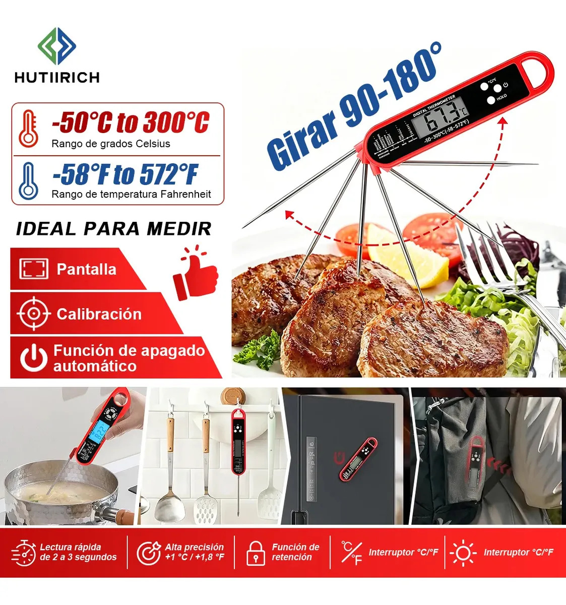 HUTIIRICH Termómetro Digital alimentos para asador horno de gas utensilios cocina acero inoxidable Para Carne Rojo navidad asador hornear reposteria electrico Dulces carne Leche Ag