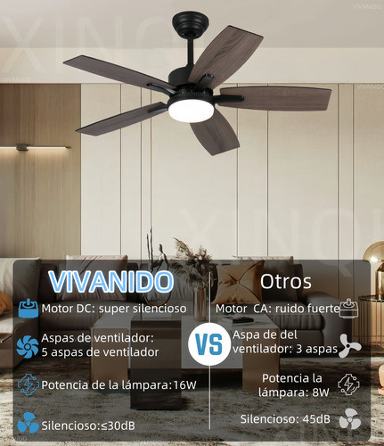 42''ventilador De Techo Con Luz Led Y Control Remoto,lampara 1.067 M 60hz Negro Amarillo Madera 5