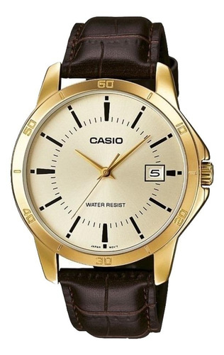 Reloj pulsera Casio Enticer MTP-V004 de cuerpo color dorado, analógico, para hombre, fondo dorado, con correa de cuero color marrón, agujas color dorado, dial negro, minutero/segundero negro, bisel color dorado y hebilla simple