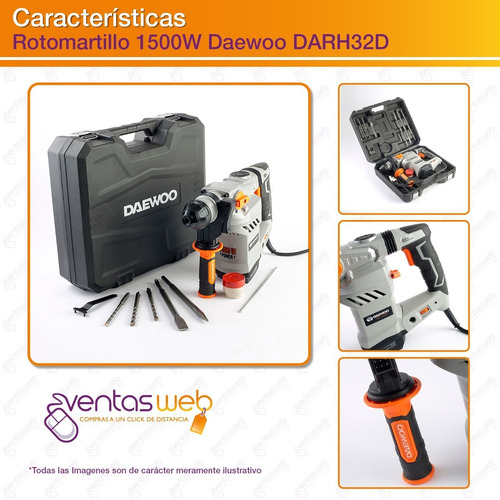 Imagen 3 de 5 de Rotomartillo 1500w Daewoo 32mm 6 Joules + Maletin Mechas