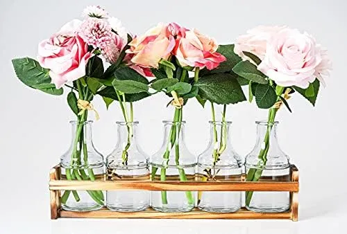 Florero De Vidrio Con Soporte De Madera Y 5 Floreros Para Fl