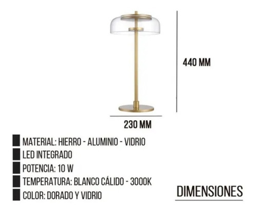 Imagen 2 de 2 de Lampara Velador Mesa Dorado Y Vidrio Pinaka 10w Led Leuk