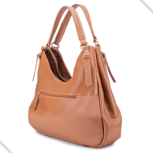 Bolsa Feminina Dupla Couro Legítimo Transversal Hobo Caramel Acambamento Dos Ferragens Ouro Cor Caramelo Correia De Ombro Caramelo Desenho Do Tecido Lisa