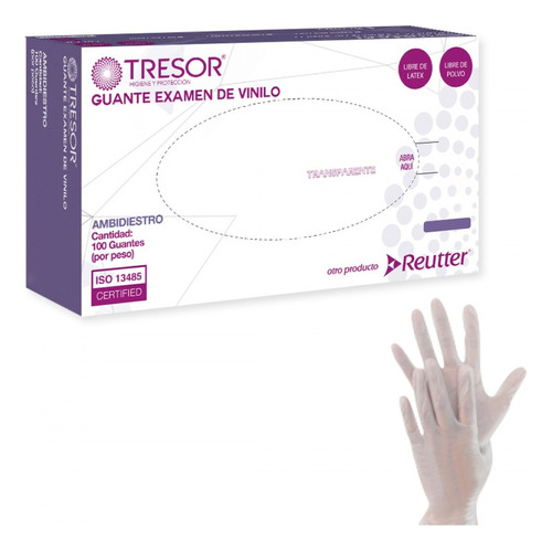 Caja Guantes Examen Vinilo Desechables  X 100 Unds. Tresor