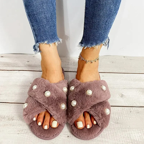 Zapatillas De Hogar Con Punta Abierta De Perlas De Felpa Par