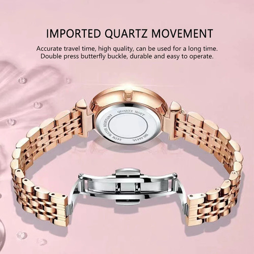 Reloj Poedagar de cuarzo de lujo con diamantes para mujer, correa cian, color oro rosa y bisel, color oro rosa