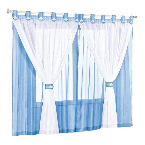 Cortina Azul E Branco Urso Menino 2,00x1,70 Bebê Varão Cor Azul/Branco