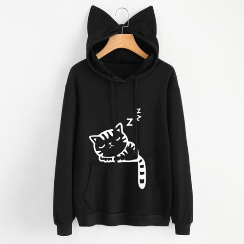 Hoodies De Estampado De Un Lindo Gato Holgada E Informal