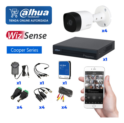 Kit De Seguridad Dahua 8 Ch Xvr H-i 4 Bullet Metal 2mp 1tb