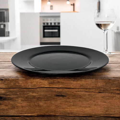 06 Pratos Redondo Jantar Vidro Opalino Preto Mesa Posta 26cm