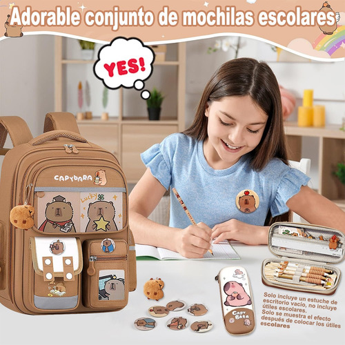 Mochila Para Niños Capybara - Mochila De Dibujos Mochila Kawaii Con 1 Colgante De Felpa, 3 Tarjetas, 6 Insignias Y 1 Estuche Lápiz Sin Alivio Suministros Escolares De Capibara Sin Desliz