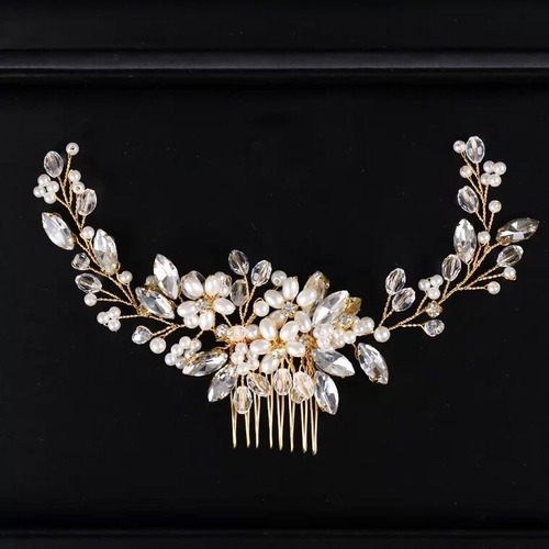 Arranjo Noiva Grinaldas Pérola Dourada Casamento Penteado