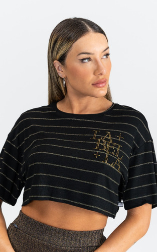 Cropped Malha Preto Listras Logo Labellamafia