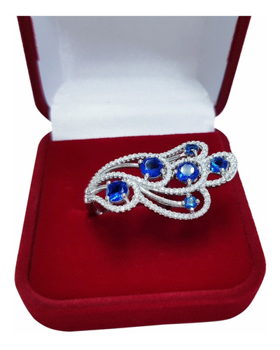 Anel Feminino Luxo Cravejado Zirconia Azul Safira Prata Pura