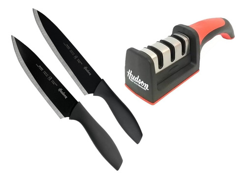 Set Cuchillos Acero Chef Basic 7 8 Negro + Afilador Hudson