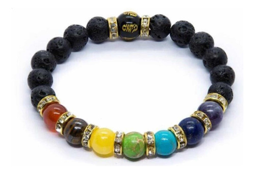 Pulsera Elástica 7 Chakras Cristal Natural Y Roca Volcánica