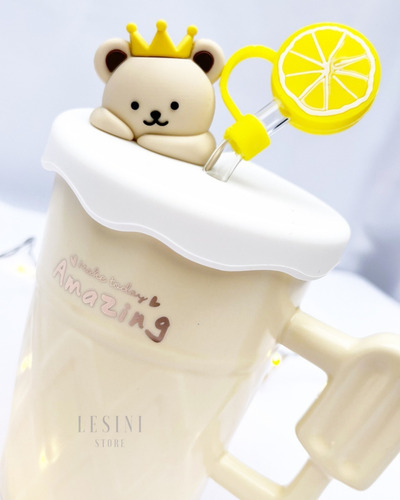 Imagen 3 de 10 de Taza De Cerámica + Sorbete De Vidrio Diseño Oso 450ml