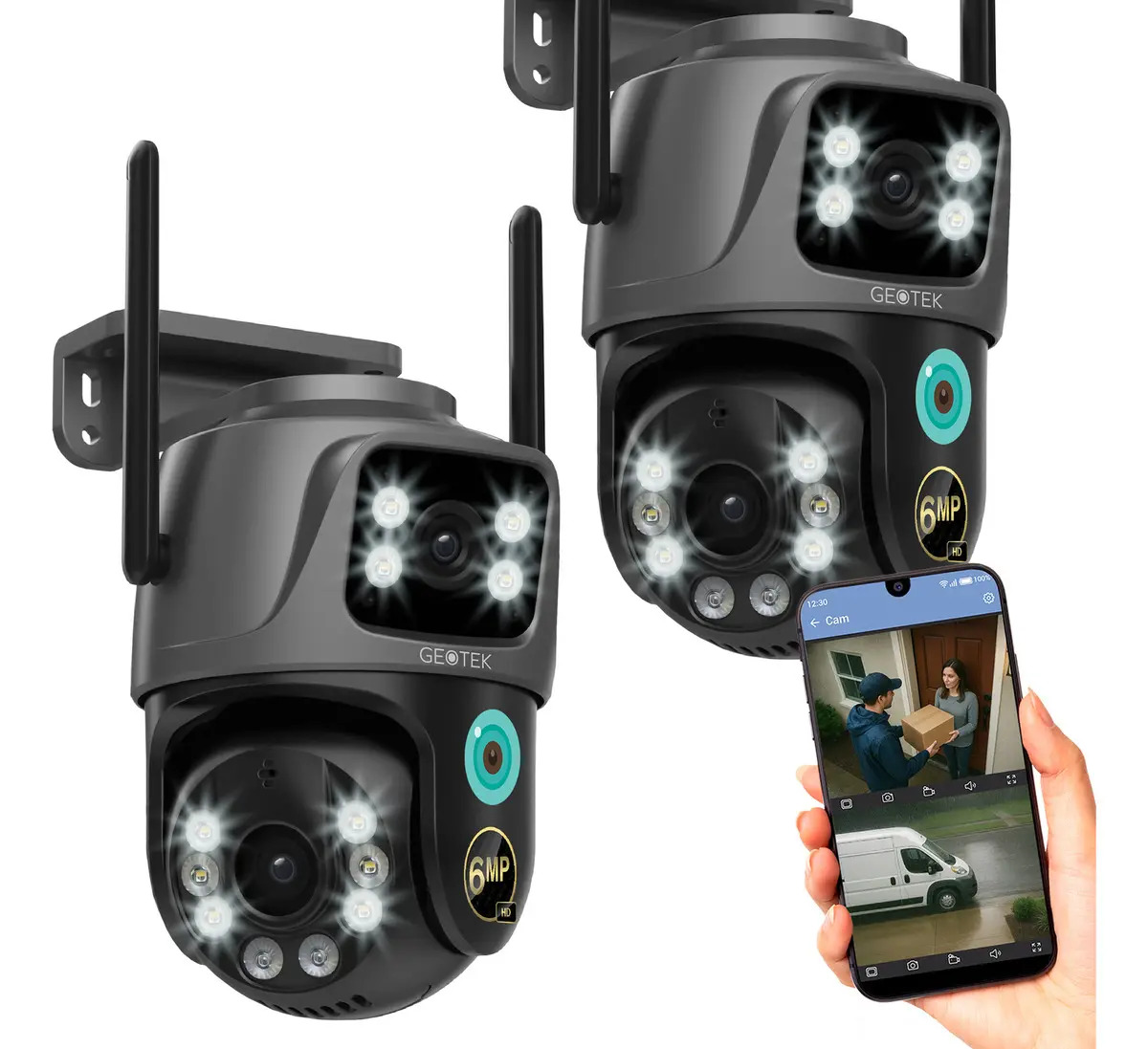 Kit 2 Camaras Seguridad Geotek 6mp Ip Wifi Domo Doble Lente Exterior Vision Nocturna Inteligente Deteccion De Movimiento Motorizada Color Negro