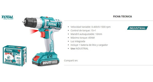 Taladro atornillador inalámbrico de 10mm Total Tools TDLI20024 20V + accesorios 220V
