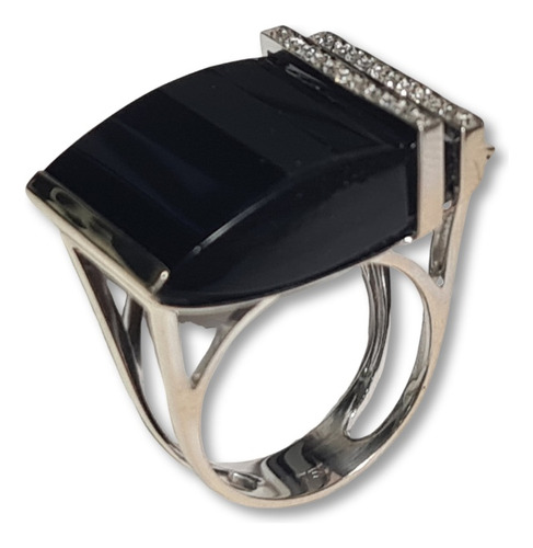 Anel Ouro Branco 18k/750 Onix E Brilhantes Cod 17071