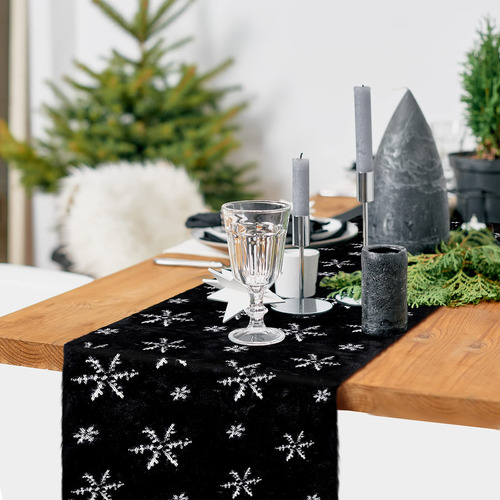 2 Caminos De Mesa De Piel Negra De Navidad Con Copos De Niev