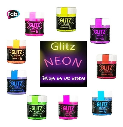 Kit Fab Glitz 9 Cores Neon Brilha Luz Negra