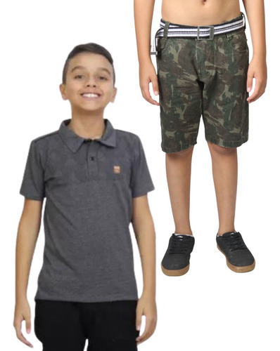 Conjunto Jeans Sarja Infantil Infanto Juvenil Masculino Menino Bermuda E Camisa Camiseta Polo Com Regulador