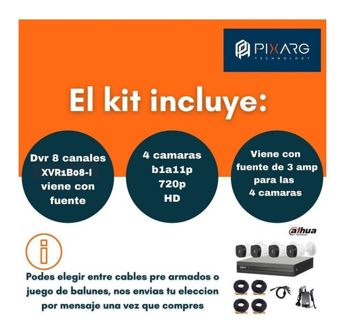 Kit 4 Camaras Seguridad Dahua Exterior Hd Dvr 8 Canales P2p