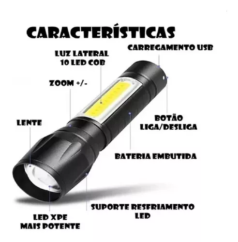 Lanterna Led Tatica Recarregavel Luz Lateral e Mini Zoom - AL