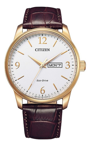 Reloj De Pulsera Citizen Dress Classic Bm855804a De Cuerpo Color Dorado, Analógico, Para Hombre, Fondo Blanco, Con Correa De Cuero Color Marrón, Bisel Color Dorado Y Desplegable