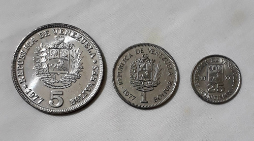 Monedas Venezolanas Año 1977 -  5 Bs., 1 Bs. Y 25 Céntimos 