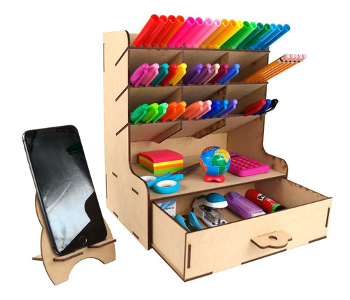 Organizador De Escritorio Mdf Con Cajon Y Base Celular