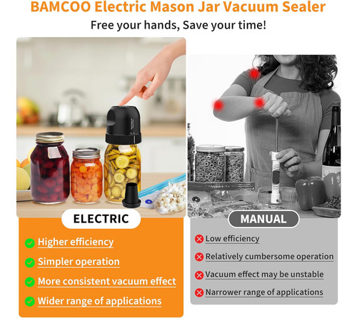 Kit De Sellado Al Vacío Para Tarros Mason Jar 3 En 1, Sellad