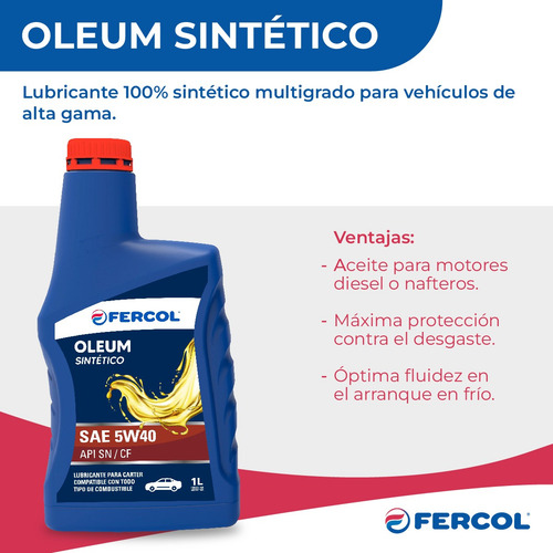 Aceite De Motor Sintetico 5w40 Fercol 1 L Auto Nafta Diesel