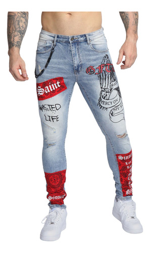 Logeqi® Hombres Jeans Azules Rotos Con Graffiti