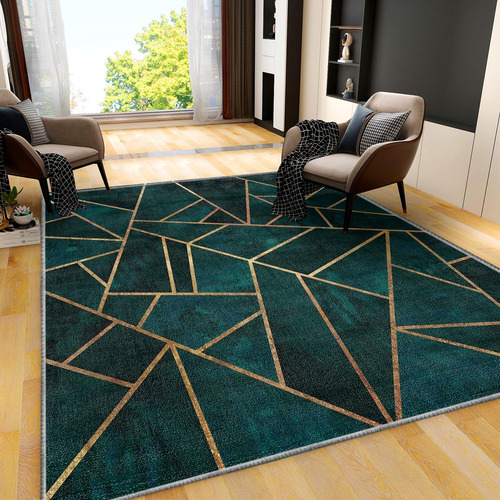 Alfombra Abstracta De Lujo Con Lineas De Oro Verde Esmerald