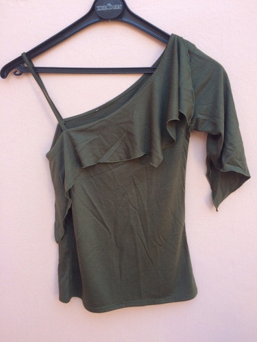 Remera 1 Manga 3/4 Bretel Verde Volados Lycra Mujer Talle S 