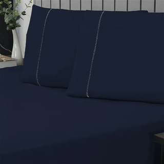 Jogo Cama Queen 400 Fios Ponto Palito 3 Pçs Antiácaro Macio Cor Azul-marinho