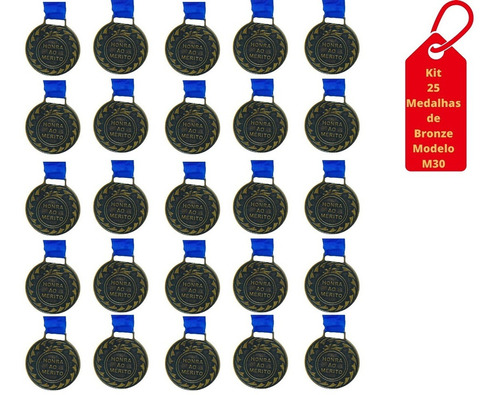 Kit C/25 Medalhas De Bronze M30 Honra Ao Mérito C/fita Azul