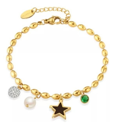 Pulsera Estrella Perla Esmeralda Laminada En Oro Para Mujer