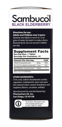 Sambucol Elderberry Vitamina C Zinc Tabletas Efervescentes