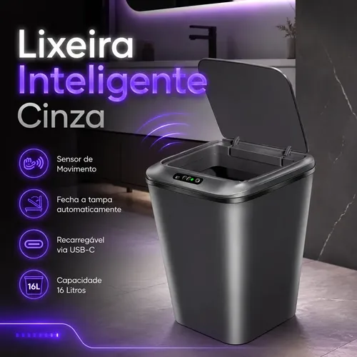 Lixeira Inteligente Sensor Automático Recarregável - Cinza