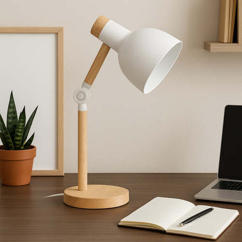 Luminária De Mesa Elegante Madeira Abajur Ajustável 127/220V Cúpula Branco