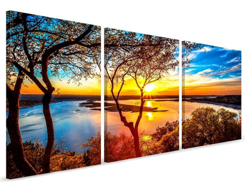 Quadro Painel Moderno Arvore Paisagem Por Do Sol Mar 120x60 Cor Dourado Cor da armação Marrom-claro