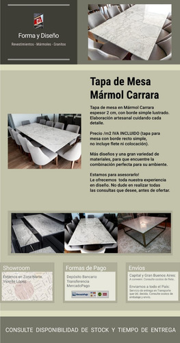 Tapa De Mesa Mármol Carrara, 1.55 X 0.80m - Forma Y Diseño